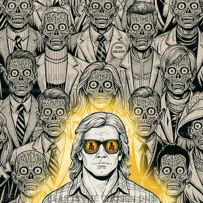 A black-and-white illustration of a man with shoulder-length hair and sunglasses reflecting an image, standing in front of a crowd of zombie-like figures in suits, with a 'STAY ASLEEP' speech bubble.