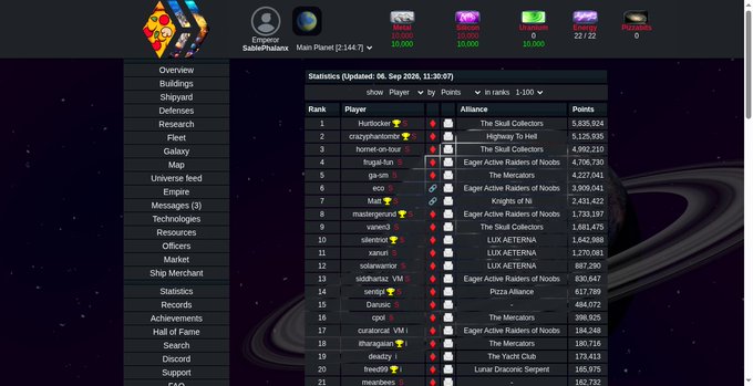 A game interface shows a statistics page with rankings, including players like 'Hurtlocker' at rank 1 and alliances such as 'The Skull Collectors', updated on 06 Sep 2026.