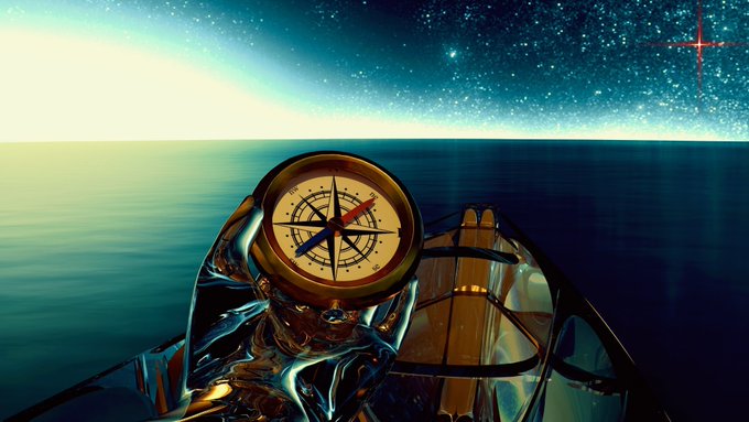 A surreal digital artwork depicting a chrome/metallic figure on a boat holding a compass, with a starry night sky, ocean horizon, and a red star marker in the upper right corner.