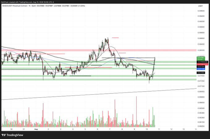 A TradingView chart of BAGE/USDT on Binance shows the price near 0.07880 with a sharp recent decline from the 0.08200–0.08500 zone, alongside an "I'M NOT YOUR DUMB CHART CREATED WITH TRADINGVIEW.COM, Aug 10, 2026" watermark, illustrating the post's warning against buying after a pump has already occurred.