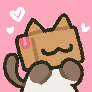 A cute cartoon illustration of a smiling brown cat-like character with pointy ears and hearts floating around it on a pink background.
