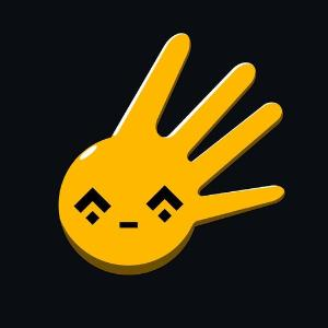 A stylized yellow cartoon hand with a cute face, closed eyes, and a small mouth appears on a dark background.