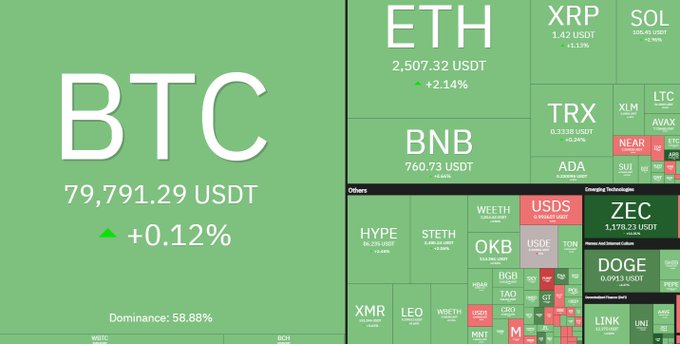 A crypto market heatmap dashboard displaying various tokens with BTC at 79,791.29 USDT (+0.12%) on the left and a green-tiled grid of other coins including ETH, XRP, SOL, BNB, and many smaller altcoins.