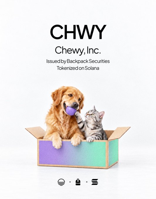 A promotional graphic for $CHWY (Chewy, Inc.) features a golden retriever and tabby cat sitting together in a purple-to-green gradient box, advertising the tokenized stock issued by Backpack Securities on Solana via Sunrise. The text highlights key details: "CHWY - Chewy, Inc. - Issued by Backpack Securities - Tokenized on Solana," visually reinforcing Chewy's pet-focused brand with the playful animal imagery.