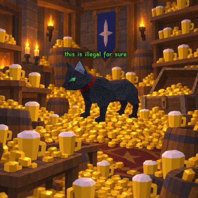 A digital illustration of a black cat standing on a massive pile of gold coins and beer mugs in a tavern, with green text reading 'this is illegal for sure'.
