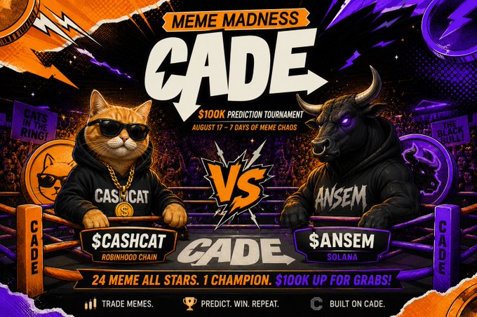 A promotional graphic for the 'MEME MADNESS' tournament on CADE, featuring a $100K prediction event from August 17 where $CASHCAT (Robinhood Chain) battles $ANSEM (Solana) in a 24-meme showdown.