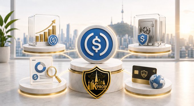 A promotional graphic displays the 'USDC' logo centrally, surrounded by icons including a safe, growth charts, a globe, and a 'K-PROP' shield, set against a city skyline background.