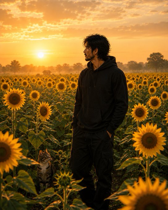 A man with dark hair wearing a black hoodie stands in a sunflower field at sunset, with a tabby cat sitting at his feet, gazing off into the distance.