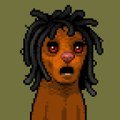 A small pixelated image of a dark-skinned character with dreadlocks and large eyes in a low-resolution format.