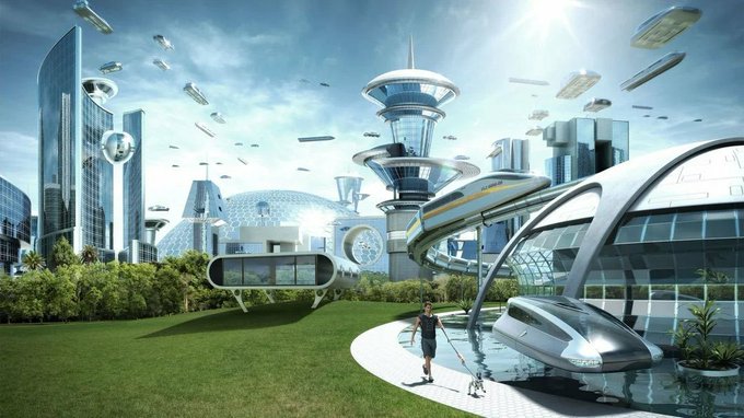 A futuristic cityscape features flying vehicles, tall towers with observation decks, elevated transit lines, and a person walking on a curved pathway near lush greenery.