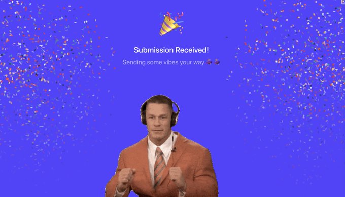 A man in an orange suit with headphones doing a small fist gesture, with a party popper graphic and text 'Submission Received! Sending some vibes your way 🎉🎉' on a blue confetti-filled background.