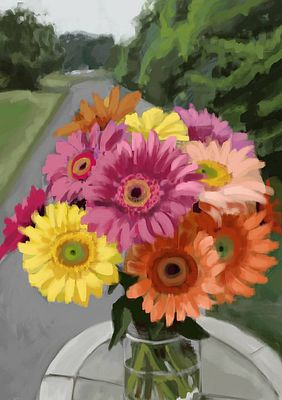 A vibrant oil painting of a bouquet of pink, yellow, and orange gerbera daisies in a glass vase, set against a background depicting a road and green trees.