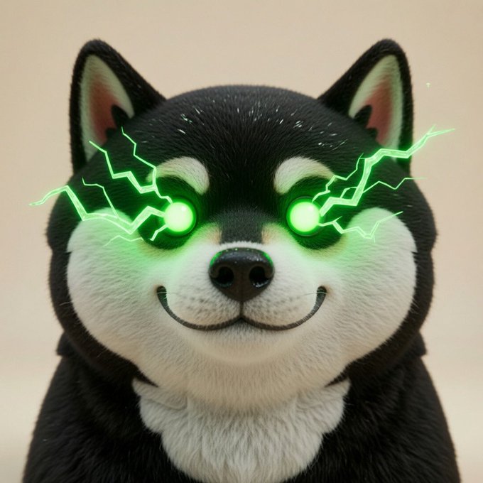 The image features a black and white dog with green eyes, giving it an alien-like appearance. The dog's face has a big smile, making it appear happy and friendly. The background of the image is plain white, which contrasts nicely with the dog's dark fur. There are no texts or other objects in the image, so the focus remains solely on the dog and its facial expression.