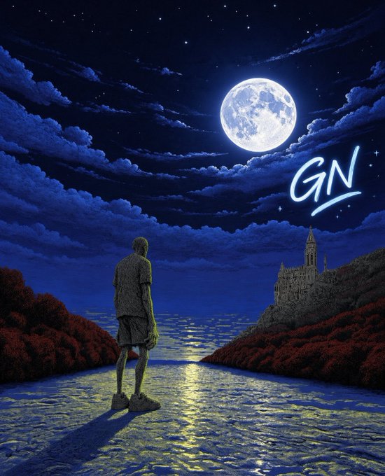 Digital artwork signed 'GN' showing a slender figure standing in a reflective river under a large full moon, with a Gothic castle visible in the distance.