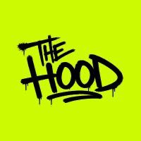A simple logo with black graffiti-style text reading 'THE HOOD' is displayed on a bright neon yellow-green background.