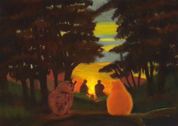 A painting depicting a campfire scene at dusk with silhouetted figures, trees framing the view, and a brown owl and an orange cat-like figure in the foreground watching the fire.