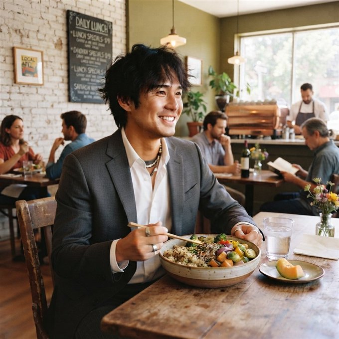 A smiling Asian man with tousled black hair sits at a wooden table in a bustling restaurant, holding chopsticks and a bowl of food.