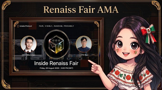 A promotional graphic for a 'Renaiss Fair AMA' event titled 'Inside Renaiss Fair,' featuring CEO Wischman and CTO Ben, scheduled for Friday, 28 August 2026 at 9:00 PM (HKT), alongside an anime-style character in traditional dress.