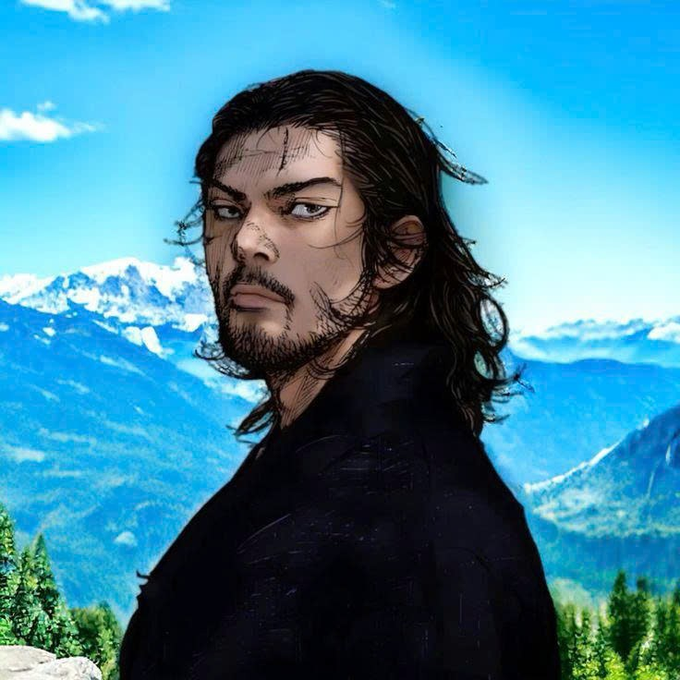 An anime-style digital illustration of a dark-haired man in a black top set against a backdrop of snow-capped mountains and blue sky.