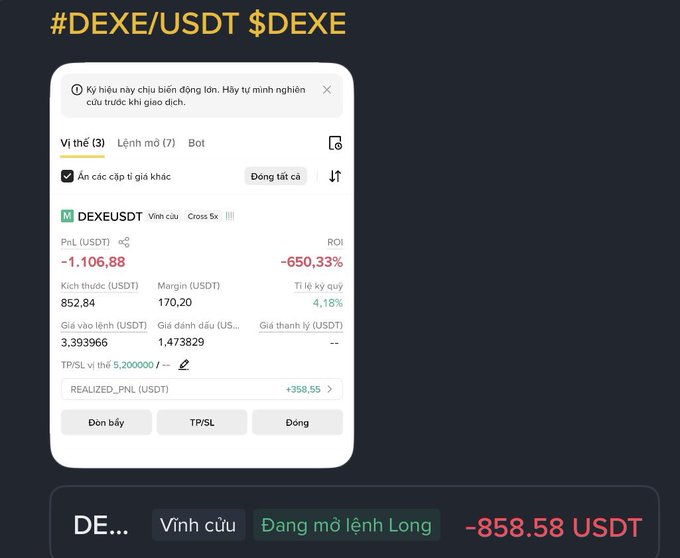 A cryptocurrency trading interface displays a DEXE/USDT position with a realized PnL of -1,106.88 USDT, showing a -650.33% ROI, a -858.58 USDT unrealized PnL, and an open Long position.