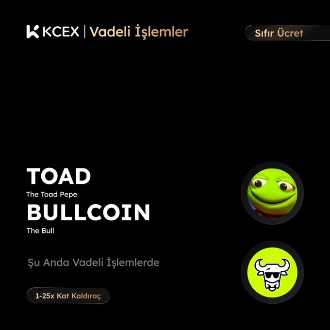 A dark-themed digital ad for 'KCEX | Vadeli İşlemler' (Futures) features a green frog face and a green bull icon, listing tokens 'TOAD' and 'BULLCOIN' with 'Sıfır Ücret' (Zero Fee) and 1-25x leverage.