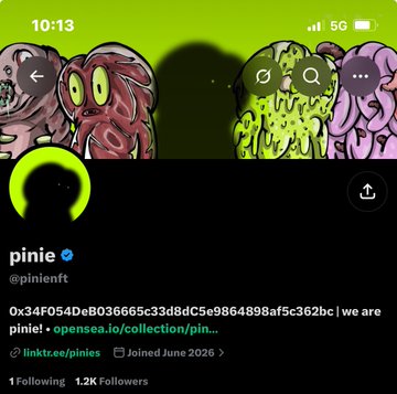 The screenshot shows the X (Twitter) profile page for "pinie" (@pinienft) with 1.2K followers and a verification checkmark, featuring a bio that references 0x334f054de8036665c33d8dc5e98864898af5c362bc and lists links to opensea.io/collection/pinie and linktr.ee/pinies, alongside a dark display image with cartoon-style characters in zombie-like artwork. The profile relates to the post as one of the three featured NFT mint collections, specifically identifying @pinienft on Robinhood chain as the first focus of the day's NFT minting activity.