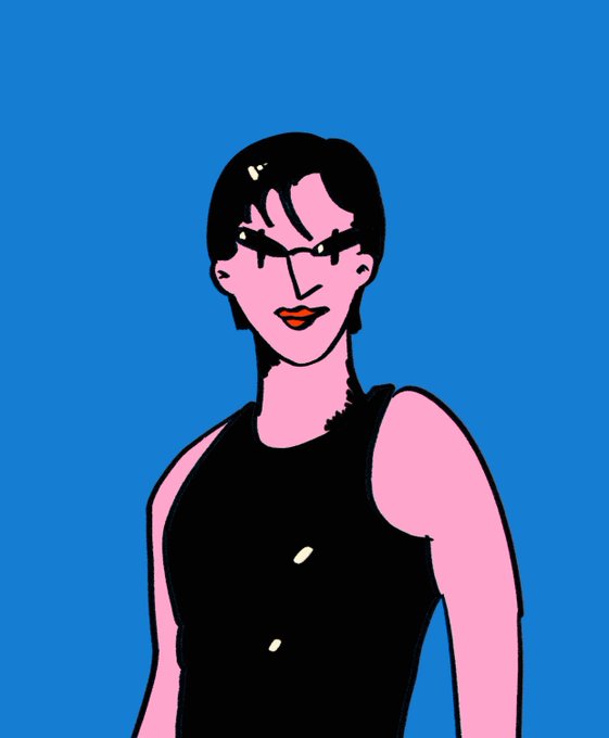 A pop-art style illustration of a person with short black hair and sunglasses, wearing a black sleeveless top against a bright blue background.