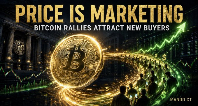 A graphic with the headline "PRICE IS MARKETING" and subtext "BITCOIN RALLIES ATTRACT NEW BUYERS," featuring a glowing Bitcoin coin amid rising green charts, dollar signs, and silhouettes of crowds approaching a financial building—visually reinforcing the post's argument that Bitcoin's price performance is the most powerful driver of new investor demand.