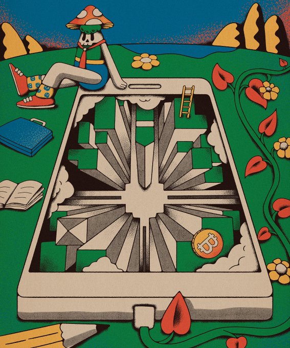 A mushroom character wearing red shoes and a blue vest sits atop a smartphone that displays a deep, geometric green pit, with a Bitcoin coin and a ladder descending into it—visually echoing the post's "short break" reference to a brief dip in Bitcoin's price on Manifold.