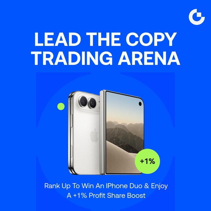 A bold blue promotional graphic featuring the headline "LEAD THE COPY TRADING ARENA," displaying two white iPhones with a green "+1%" badge, and a subtitle reading "Rank Up To Win An iPhone Duo & Enjoy A +1% Profit Share Boost," illustrating the campaign's prize offer and profit incentive for top-ranking copy traders.