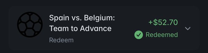 A redeemed sports betting notification showing a winning wager on 'Spain vs. Belgium: Team to Advance' with a payout of +$52.70.