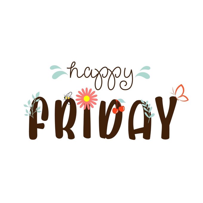 The image features a white background with the words "Happy Friday" written in a cursive font, surrounded by various flowers and butterflies. The text also includes some numbers and letters that are not part of the original message but can be seen as an afterthought or additional information about the post.