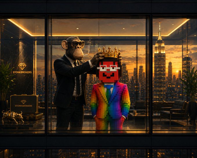 A suited chimpanzee places a golden crown on a pixel-headed figure in a rainbow suit within a luxury high-rise overlooking a sunset cityscape, with "STONKBROKERS" signage and a golden bull statue flanking the scene—symbolically crowning $STONKBROKER as the new leader over Bored Ape Yacht Club, exactly as the post's announcement describes.