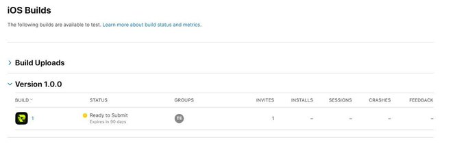 A screenshot of an 'iOS Builds' interface showing Version 1.0.0 with one build marked 'Ready to Submit' that 'Expires in 90 days'.