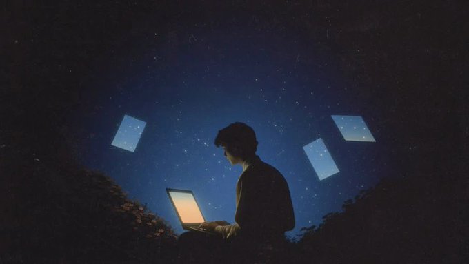 A silhouetted figure sits using a laptop against a starry night sky, with floating illuminated screens/windows surrounding them in a dreamy digital atmosphere.