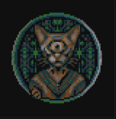 A pixel art illustration of a brown fox-like creature wearing a green robe, set within a circular stained-glass style frame.