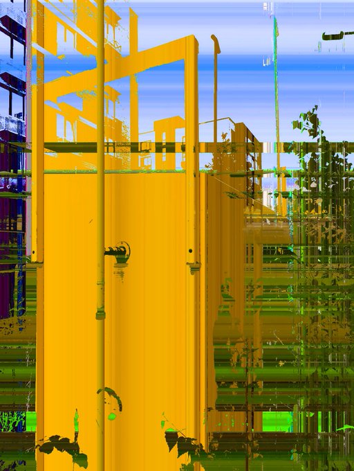 Artistic, distorted digital rendering of a bright yellow industrial structure or container with green and blue background elements.