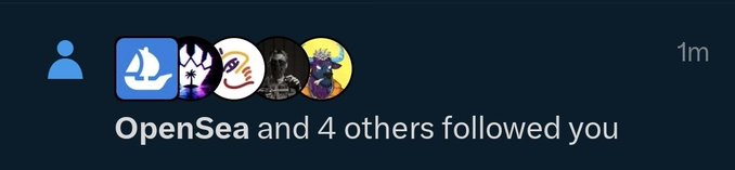 The image is a notification showing "OpenSea and 4 others followed you" from 1 minute ago, with profile icons including OpenSea, Lazy Lions NFT, and others, highlighting the user's surprise at receiving a follow from notable NFT accounts.