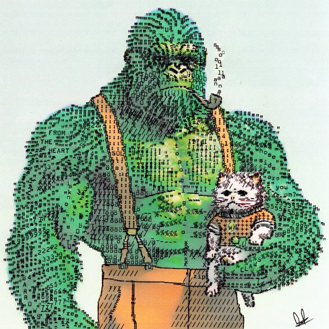 An artistic portrait of a green ape-like character smoking a pipe and holding a white kitten, rendered with a textured mix of paint and computer code text.