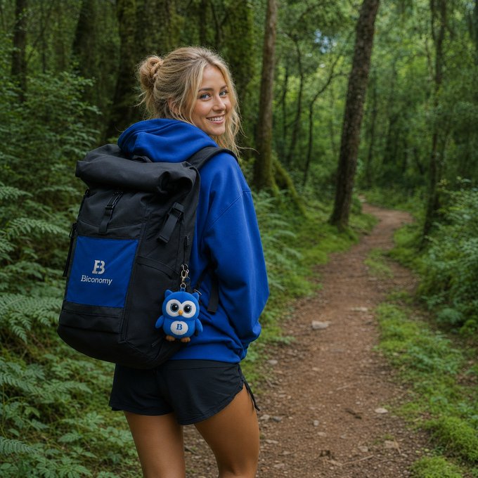 A smiling young woman with a blonde bun hikes along a forest trail, wearing a blue hoodie and a black and blue backpack branded with "Biconomy," along with a small blue owl plush keychain. The image visually embodies the post's theme of carrying curiosity and exploring new paths, mirroring the adventurous spirit of seeking fresh opportunities in Web3.