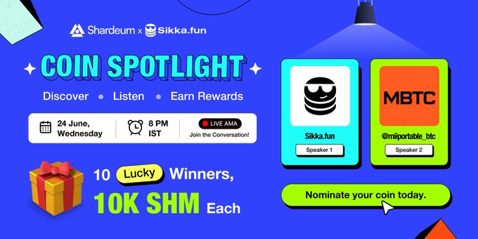 The image features a poster or banner with two coins displayed against each other, one blue and one orange. The text on the poster reads "Coin Spotlight" and "Discoverer / Listener / Earn rewards", indicating that this event is focused on promoting coin mining activities. The poster also includes details about an upcoming AMA (Audio Meetings) where attendees can learn from community creators and potentially win a prize of 10 lucky attendees at 10 PM IST, which is scheduled for Wednesday, June 24th, 2026 8:0O PM IST.