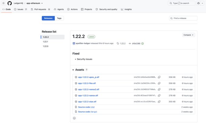 The image shows the GitHub release page for LedgerHQ's app-ethereum version 1.22.2, which was released 6 hours ago and contains only "Security issues" as its release notes with no further details provided.