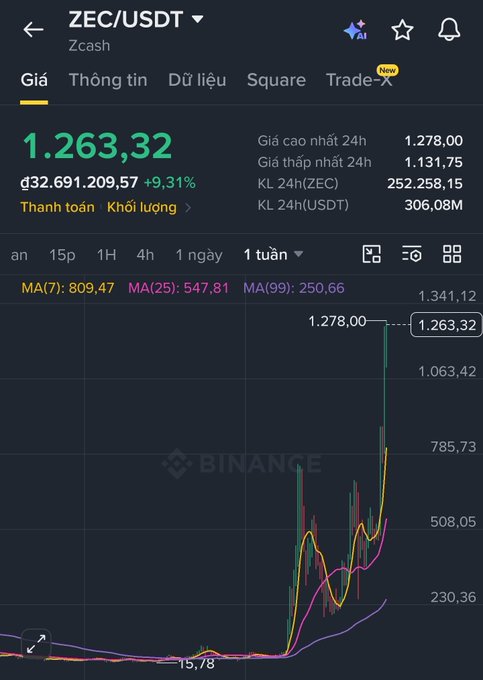 A Binance cryptocurrency price chart for ZEC/USDT (Zcash) showing a price of 1,263.32 USDT with a 9.31% increase, displayed in Vietnamese interface.