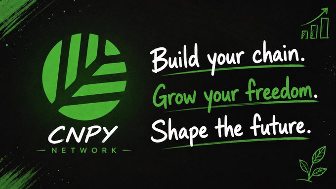The image features a black background with white text that reads "Build your chain. Grow your freedom. Shape the future." The text is written in green and white colors, which makes them stand out against the black background. The text also includes the words "CNPY Network" at the bottom of the image. This suggests that the image might be related to a project or initiative called CNPY Network, which aims to promote the development of new chains using blockchain technology.