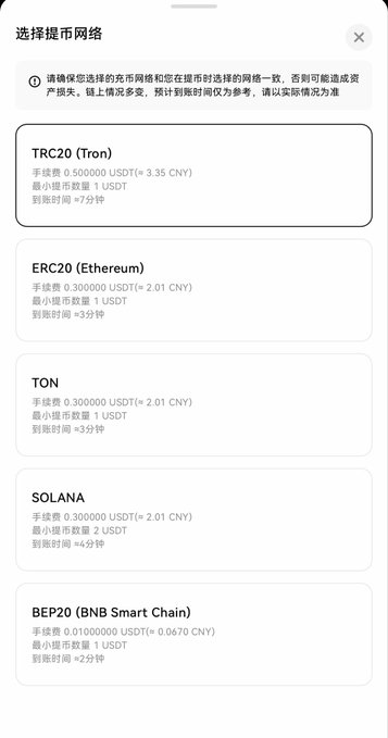 A mobile screen titled '选择提币网络' (Select Withdrawal Network) displaying fees and confirmation times for networks including TRC20 (Tron), ERC20 (Ethereum), TON, SOLANA, and BEP20 (BNB Smart Chain).
