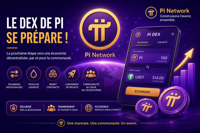 A promotional graphic in French for Pi Network announces "LE DEX DE PI SE PRÉPARE !" (Pi's DEX is getting ready!), featuring a smartphone interface showing a Pi DEX exchange screen converting 100 PI (+314.00 USD) into 314.00 USDT (+314.00 USD), alongside icons highlighting decentralized exchanges, liquidity pools, smart contracts, project launches, and community features. The image visually reinforces the post's discussion about the potential launch of a decentralized exchange on the Pi Network ecosystem.