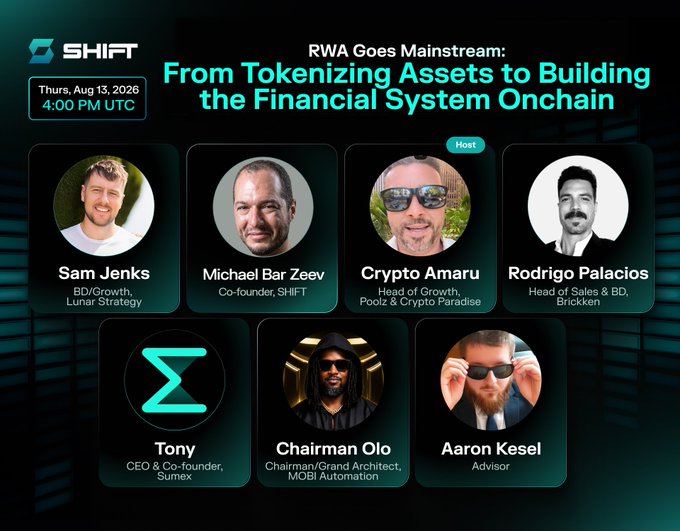 A promotional graphic for a SHIFT webinar titled 'RWA Goes Mainstream: From Tokenizing Assets to Building the Financial System Onchain' on Thursday, Aug 13, 2026 at 4:00 PM UTC, featuring speakers Sam Jenks, Michael Bar Zeev (Host), Crypto Amaru, Rodrigo Palacios, Tony, Chairman Olo, and Aaron Kesel.