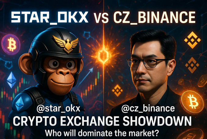 The image features a cartoon depiction of two men, one wearing a helmet with a monkey on his head and the other wearing glasses. The caption below the image reads "Star Okx vs Cz binance", which refers to a cryptocurrency exchange showdown between Star Okx and Cz binance.