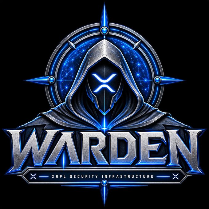 The image is a stylized logo featuring a hooded, masked figure with a glowing blue "X" on the face, set against a circular emblem with a network-like background, above the bold text "WARDEN" and the subtitle "XRPL SECURITY INFRASTRUCTURE." It visually ties to the post's announcement about launching "Warden," a security-focused initiative aimed at protecting XRP Ledger users from scammers, impersonators, and phishing attacks.
