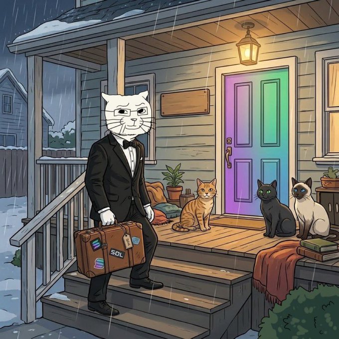 A white cat in a tuxedo holding a brown suitcase labeled "SOL" stands on the porch of a house with a rainbow door, joined by three other cats, as rain falls outside.

The image visually represents "Solana is home" by depicting the SOL-branded suitcase as belonging to a well-dressed cat arriving at a welcoming house, symbolizing Solana's place as a home in the crypto space.
